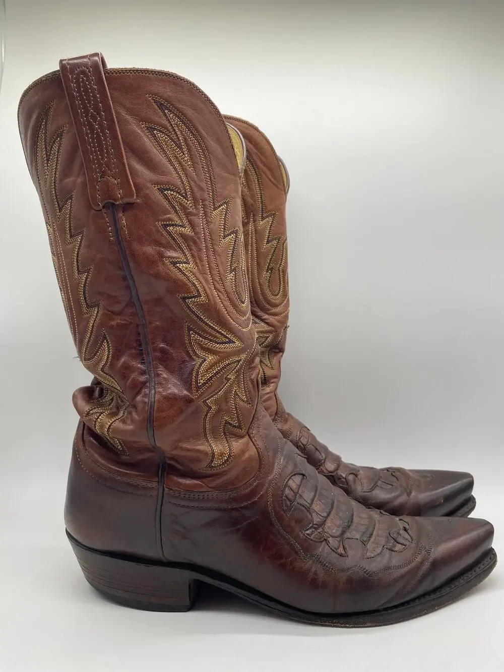 1883 Lucchese Brown Leather Caiman Inlay Snip Toe Cowboy Boots Embroider Men 8 D